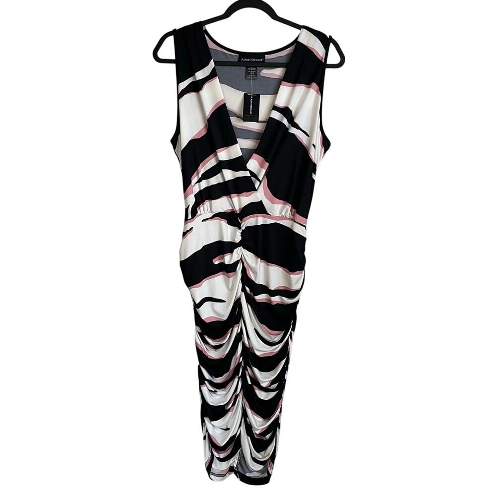 Ashley Stewart NWT Body Con Ruched Dress Sz 14/16 Camo Stripe Black Pink V-Neck